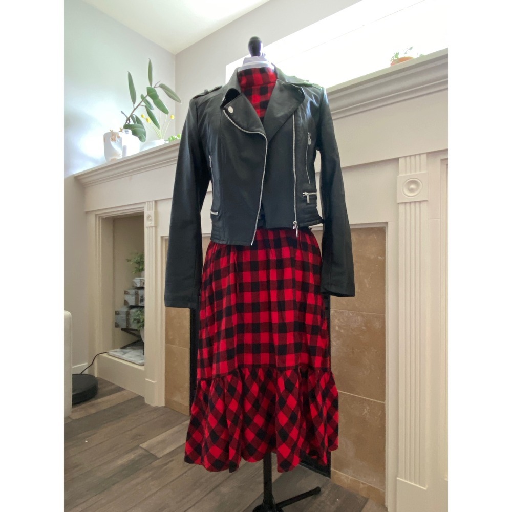 BP. Red Black Buffalo Plaid Sleeveless Mock Neck Midi Dress Large NWT - Picture 4 of 10